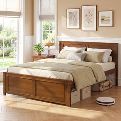 Full Size Solid Wood Farmhouse Bed Frame with Panelled Headboard and Footboard, 600 lb Capacity