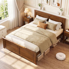 Full Size Solid Wood Farmhouse Bed Frame with Panelled Headboard and Footboard, 600 lb Capacity