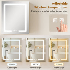 Bathroom Medicine Cabinet with Lights, Wall Mounted Mirror Cabinet with Demister Pad, Adjustable Shelves, White