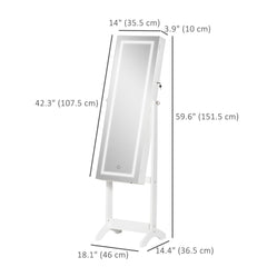 Lockable Jewelry Armoire with LED Light, Standing Mirror with Storage for Bedroom Dressing Room, White