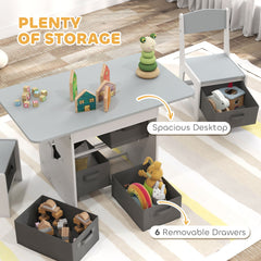 3 Piece Kids Table and Chair Set with 6 Removable Drawers, for Classroom, Living Room, Bedroom, Nursery, Light Grey