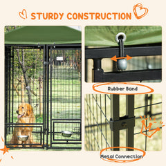 Outdoor Dog Kennel, Lockable Pet Playpen Crate, Welded Wire Steel Fence, Rotating Bowl Holders, Green