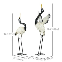 Set of 2 Garden Sculptures Heron Statues Lawn Patio Backyard Ornaments, 35.4"-40.6", White and Black