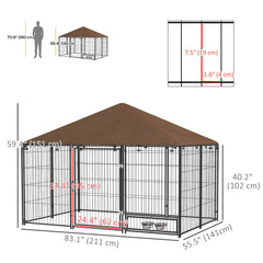 4.6' x 4.6' x 5' Outdoor Dog Kennel with Canopy, Rotating Bowls, Coffee