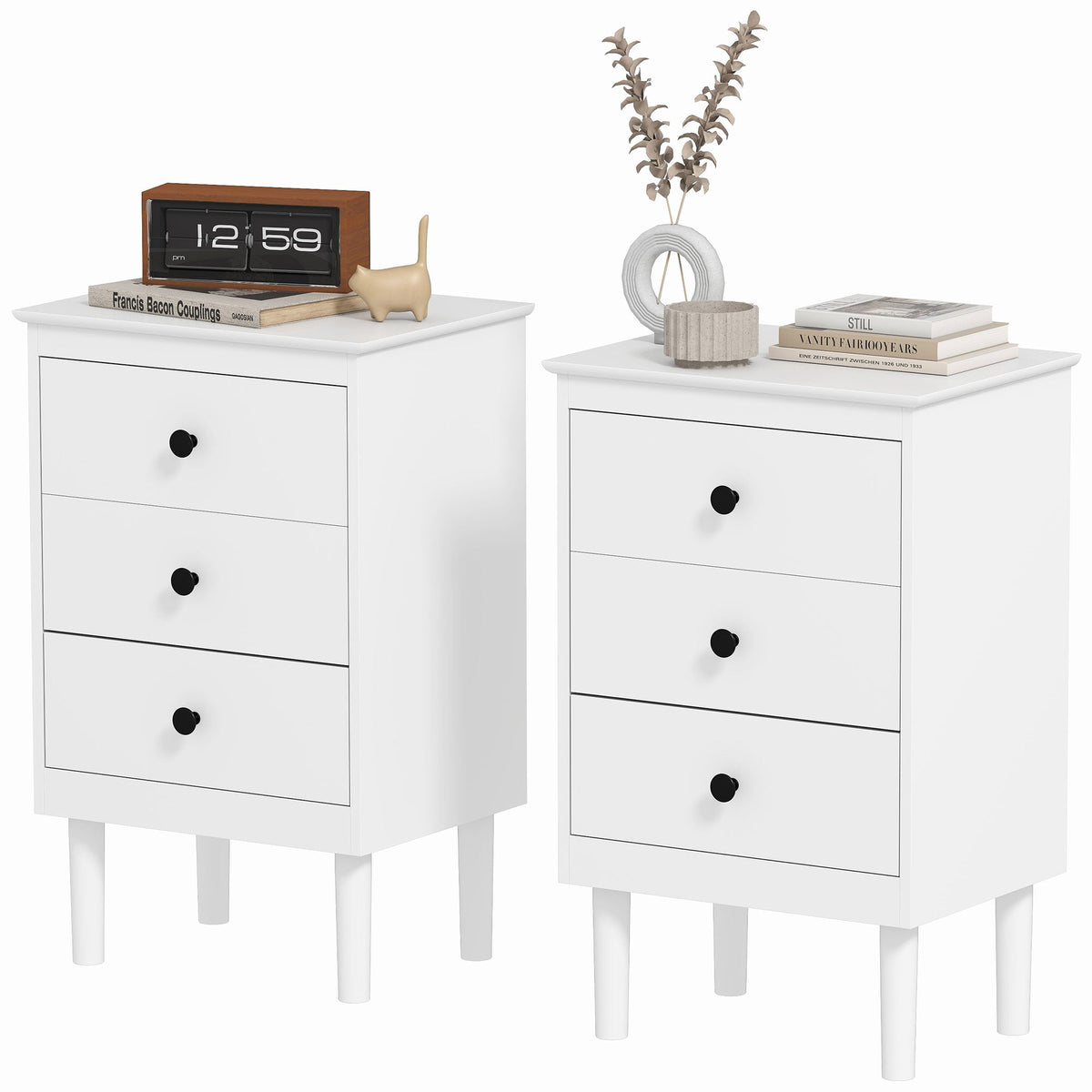Set of Two Three-Drawer Modern Bedside Tables for Bedroom, White