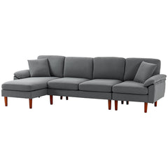 L-Shape Sofa, Modern Sectional Couch with Changeable Chaise Lounge, Pillows and Wooden Legs for Living Room, Dark Grey