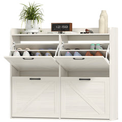 Narrow Shoe Storage Cabinet with 4 Flip Drawers, Adjustable Shelves, 16 Pair Farmhouse Shoe Cabinet, Rustic Brown