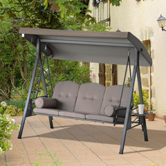 3 Seater Porch Swing Heavy Duty Outdoor Swing Chair Outdoor Lounge Hammock Cushioned Seat W/ Tilt Canopy, Brown