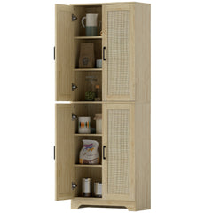 67" Tall Kitchen Pantry, Freestanding Kitchen Storage Cabinet with 4 Rattan Doors and Adjustable Shelves, Oak