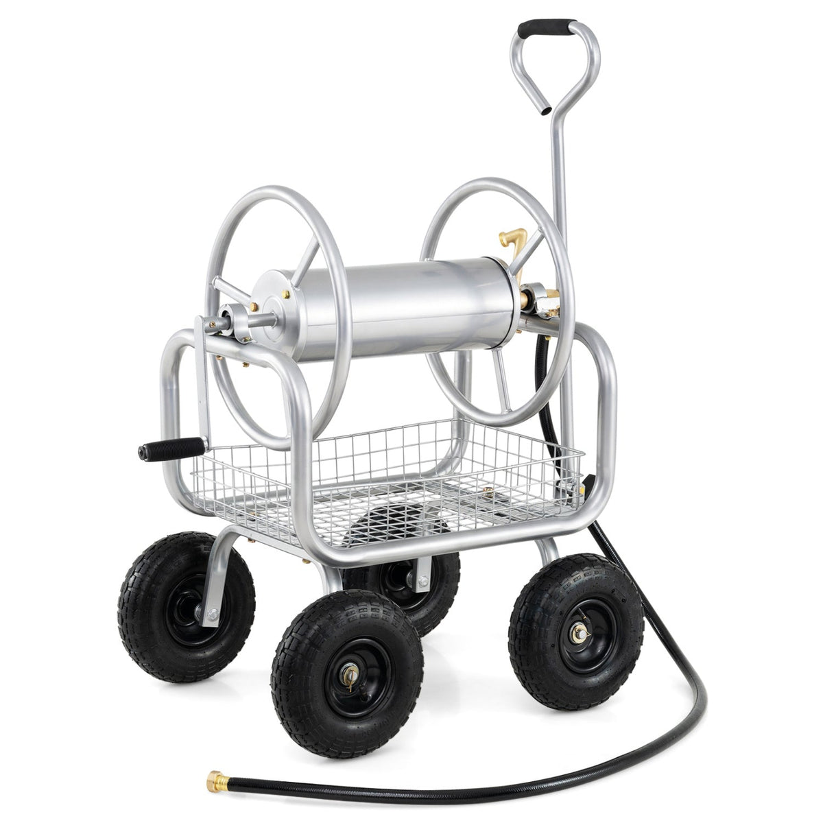 Garden Hose Reel Cart 300 Feet Large Capacity with 4 Wheels and Storage Basket-Silver