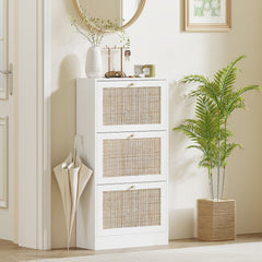 Rattan Shoe Storage Cabinet with 3 Flip Drawers and Adjustable Shelves, Entryway Shoe Cabinet for 18 Pairs, Oak