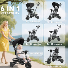 6 in 1 Toddler Tricycle for 1-5 Years Old with Push Handle, Removable Canopy, Rotatable Seat, Black