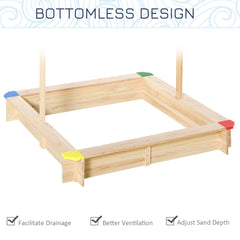 Kids Wooden Sandbox with Cover, Play Sand Station for Children Outdoor Sand box, with Seats, for Backyard, Beach, 47" x 47" x 47", Natural