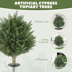 24" Artificial Cypress Trees with Ground Stake, Set of 2 Artificial Plants for Indoor & Outdoor, UV Resistant, Green