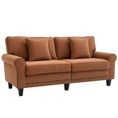 Modern 3 Seater Sofa, Corduroy Fabric 3 Seater Couch with Pine Wood Legs and Rolled Armrests for Living Room, Beige