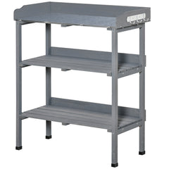 Outdoor Garden Wooden Potting Bench Work Station Table Tool Storage Shelf w/ Hooks, Natural