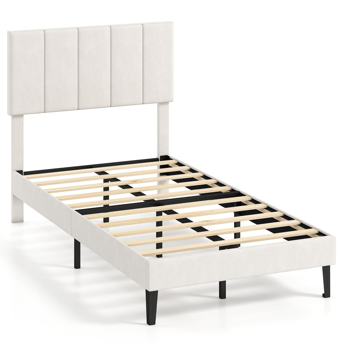 Twin Upholstered Platform Bed with 3 Height Adjustable Vertical Channel Headboard