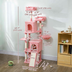 Cat Tree, 70" Multi-Level Cat Tower with 2 Condos, 2 Perches, Hammock, Toy Balls, Scratching Posts and Board, Dark Grey