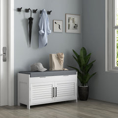 Entryway Bench with Cushion, Hidden Storage, Adjustable Shelves and Shutter Doors, 35.4" Shoe Bench, White