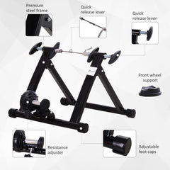 Foldable Indoor Bike Trainer, Stationary Bicycle Stand for Riding Exercise, 26-28" & 700C Wheels, Quick Release Skewer & Front Wheel Riser Block Included, Black