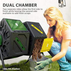 Rotating Composter, Dual Chamber Compost Bin with 24 Vents and Steel Legs, 34.5 Gallon, Brown