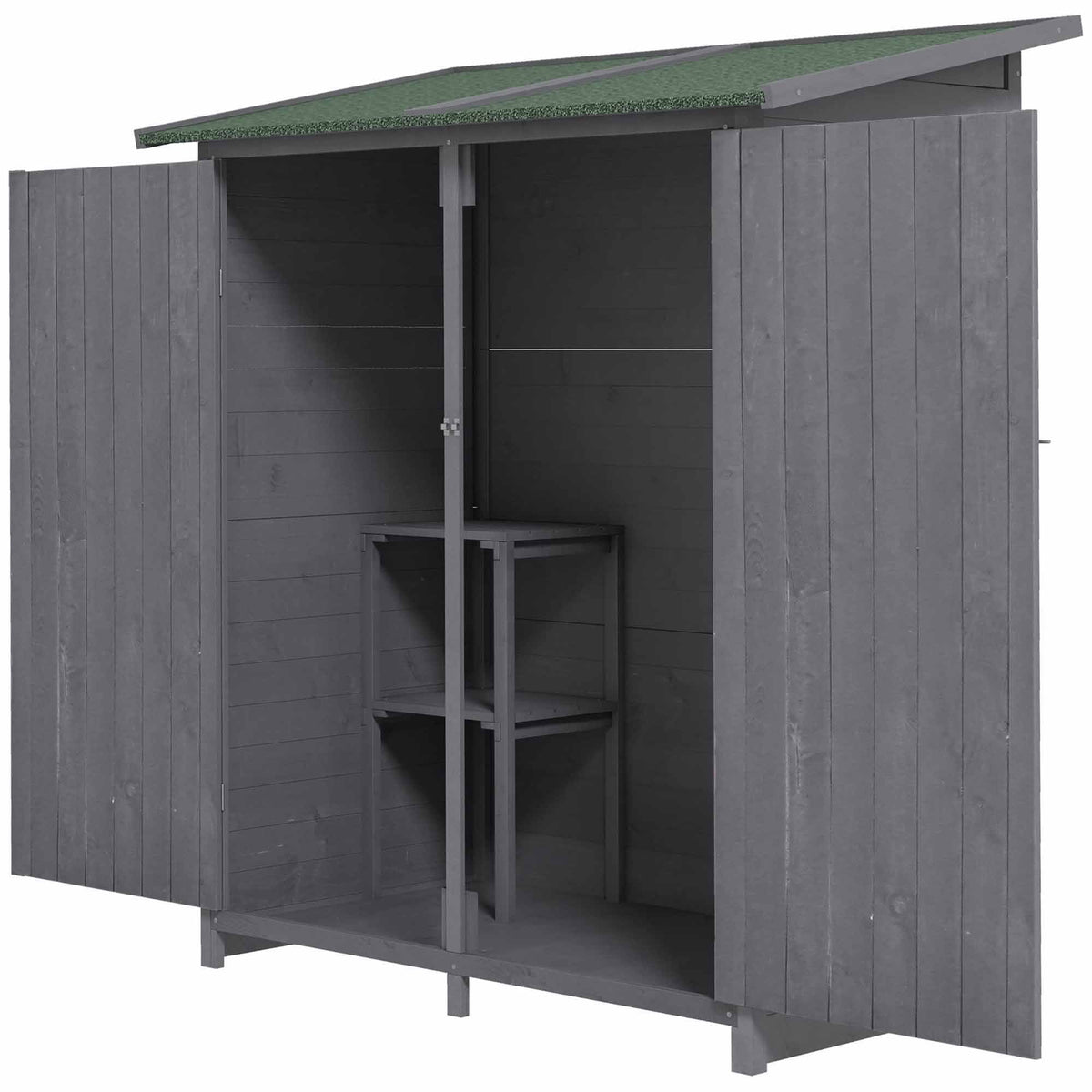 Garden Storage Shed Asphalt Roof Wooden Timber Double Door Utility Storage House with Shelf, Green and Grey