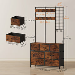 4-In-1 Coat Rack with 7 Drawer Fabric Dresser, Hall Tree with 14 Hooks for Hallway, Entryway, Bedroom, Rustic Brown