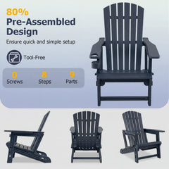HDPE Adirondack Chair with Cup Holder and Wood-Like Texture High Back for Garden -Blue
