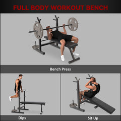 Adjustable Weight Bench, Foldable Bench Press with Barbell Rack and Dip Station for Home Gym, Strength Training Multiuse Workout Bench, Black