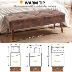 Bedroom Bench, End of Bed Bench with Button Tufted, PU Leather Upholstered Entryway Bench with Wood Legs, Brown