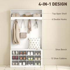 4-In-1 Hall Tree with Bench and Shoe Storage, Farmhouse Coat Rack Shoe Bench with 12 Shoe Cubbies, 6 Hooks, Dark Brown