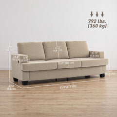 3 Seater Sofa with USB Ports & Cup Holders, Chenille-Feel Upholstered Couch for Living Room, Grey
