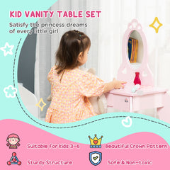 Kids Vanity Table Set with Mirror and Stool, Drawer, for 3-6 Years, Pink