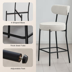 Set of 2 Barstools, Upholstered Corduroy Bar Stools with Backrest, Footrest for Kitchen Island, Dining Room, Cream White