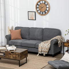 3-Seater Sofa Couch, 81" Modern Upholstered Linen Fabric Sofa with Rubberwood Legs, Nailhead Trim and Rolled Arms for Living Room, Bedroom and Apartment, Grey