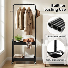 Heavy-Duty Laundry Cart with Hanging Rod and 2 Storage Baskets for Bedroom-Black