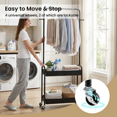 Heavy-Duty Laundry Cart with Hanging Rod and 2 Storage Baskets for Bedroom-Black