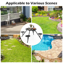 Heavy Duty Round Picnic Table for 4 with Iron Seats & Umbrella Hole-Black