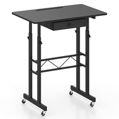 Height Adjustable Laptop Desk with Fabric Drawer Tablet Holder and Lockable Wheels-Black
