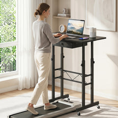 Height Adjustable Laptop Desk with Fabric Drawer Tablet Holder and Lockable Wheels-Black