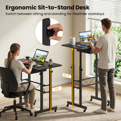 Height Adjustable Laptop Desk with Fabric Drawer Tablet Holder and Lockable Wheels-Black