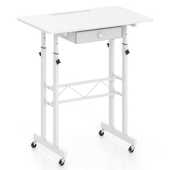 Height Adjustable Laptop Desk with Fabric Drawer Tablet Holder and Lockable Wheels-White