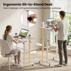 Height Adjustable Laptop Desk with Fabric Drawer Tablet Holder and Lockable Wheels-White
