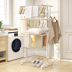 Garment Drying Rack Stainless Steel Folding Clothes Hanging Rack with Side Wings Castors for Indoor Outdoor White
