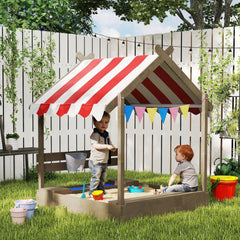 Outdoor Wooden Sandbox with Cover for 3-7 Years Old, Backyard, Brown