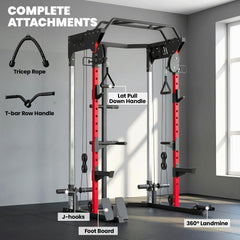 Power Cage, Power Rack with Adjustable Cable Pulley System, Pull-Up Bar, Dip Station, Landmine