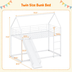House-shaped Metal Twin Over Twin Low Bunk Bed-White