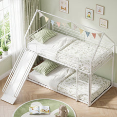 House-shaped Metal Twin Over Twin Low Bunk Bed-White