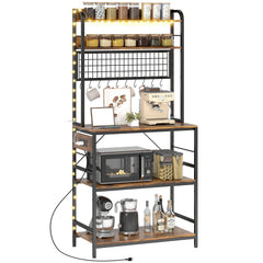Kitchen Baker's Rack with Power Outlet and LED Light, 5-Tier Coffee Bar Station with 10 Hooks, Grey