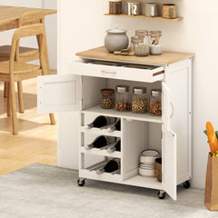 Rolling Kitchen Cart, Kitchen Island with Storage Drawer, 9-bottle Wine Rack, Door Cabinets, Wooden Countertop, White